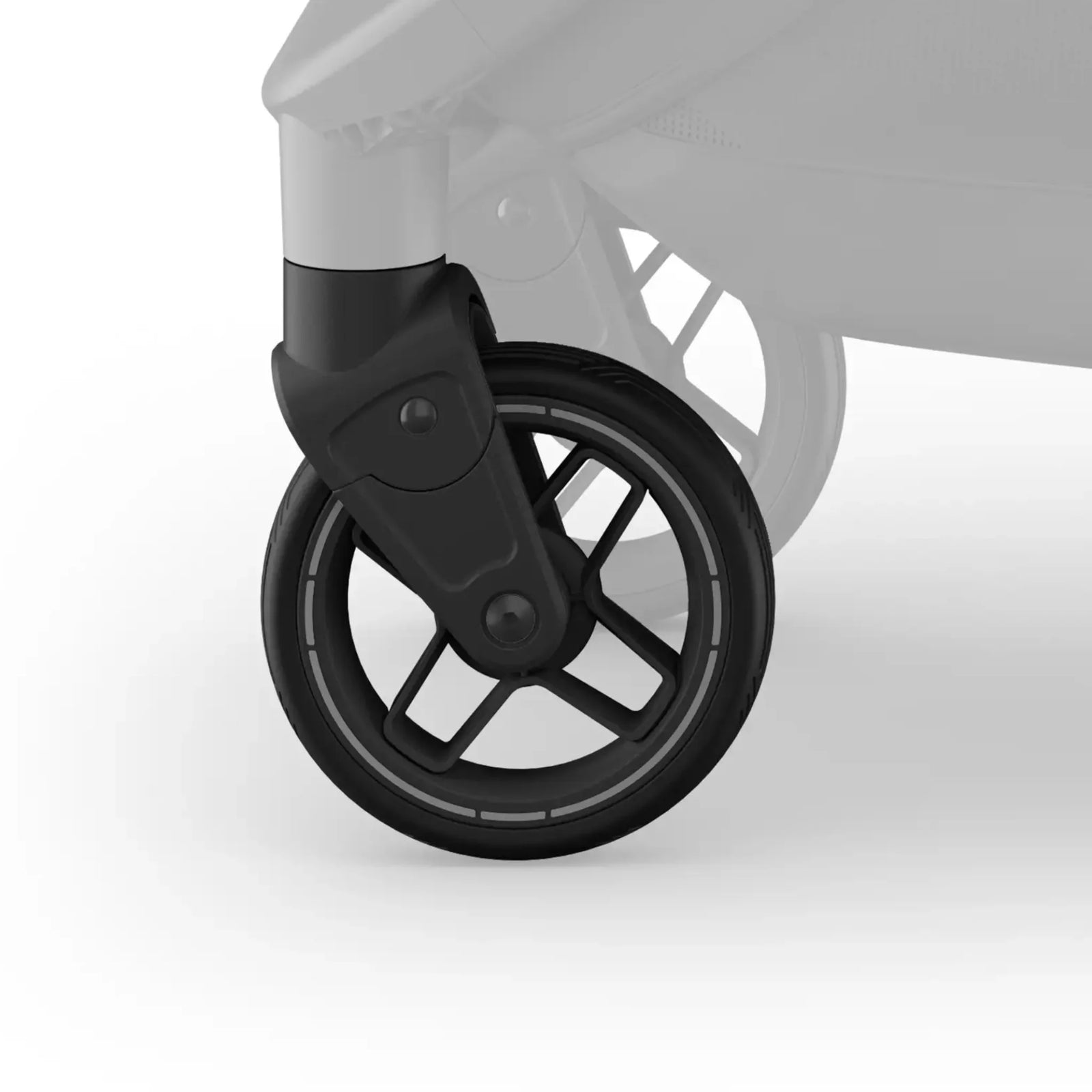 UPPAbaby Minu V3 stroller front wheel close-up with black swivel wheel and suspension on a white background