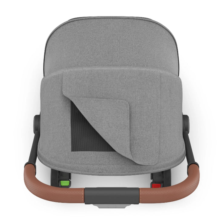 UPPAbaby MINU V3 stroller canopy in Greysen with peek-a-boo flap open to show the mesh window, on a white background.