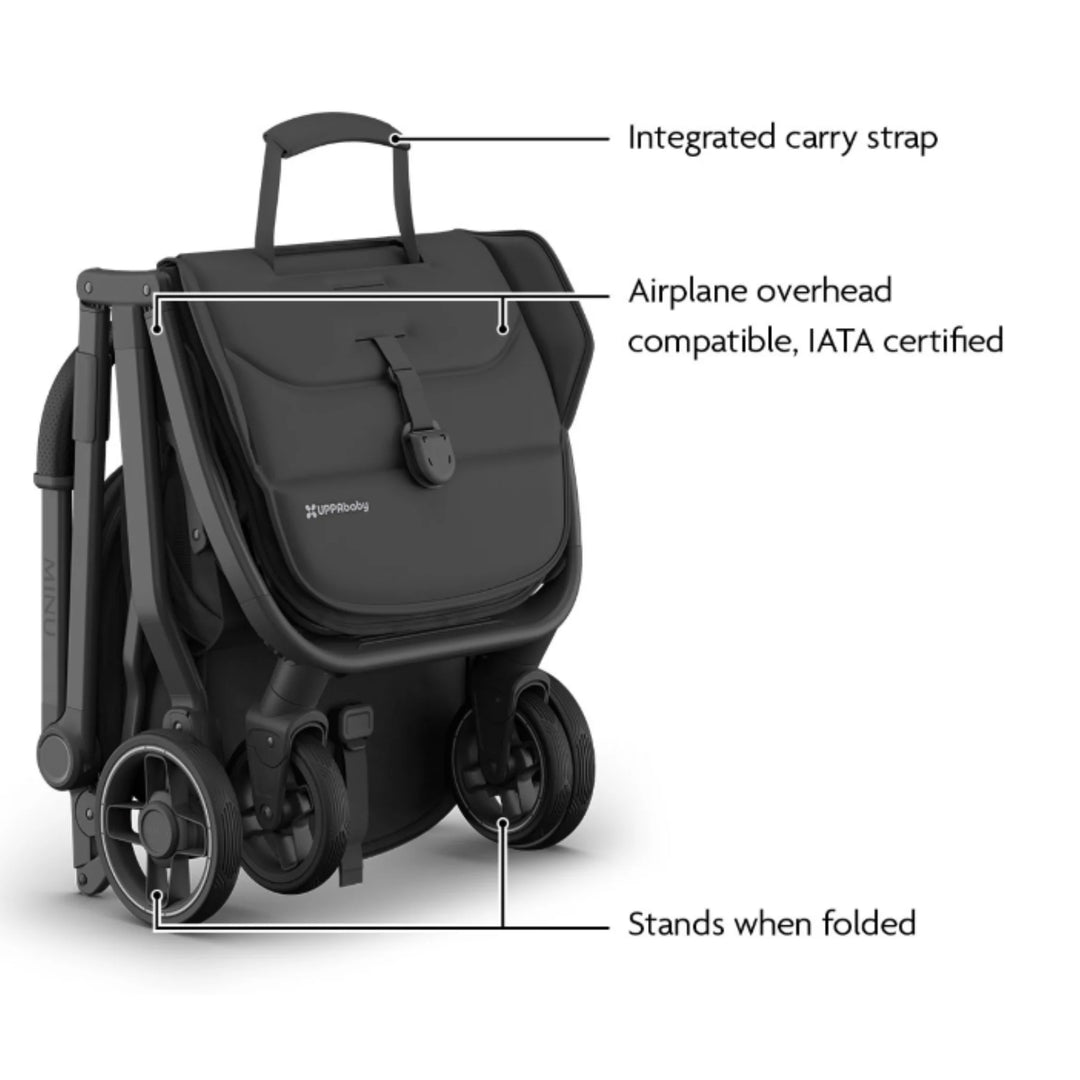 “UPPAbaby MINU V3 stroller folded in Jake with labeled features: integrated carry strap, airplane overhead compatible (IATA certified), and stands when folded.”