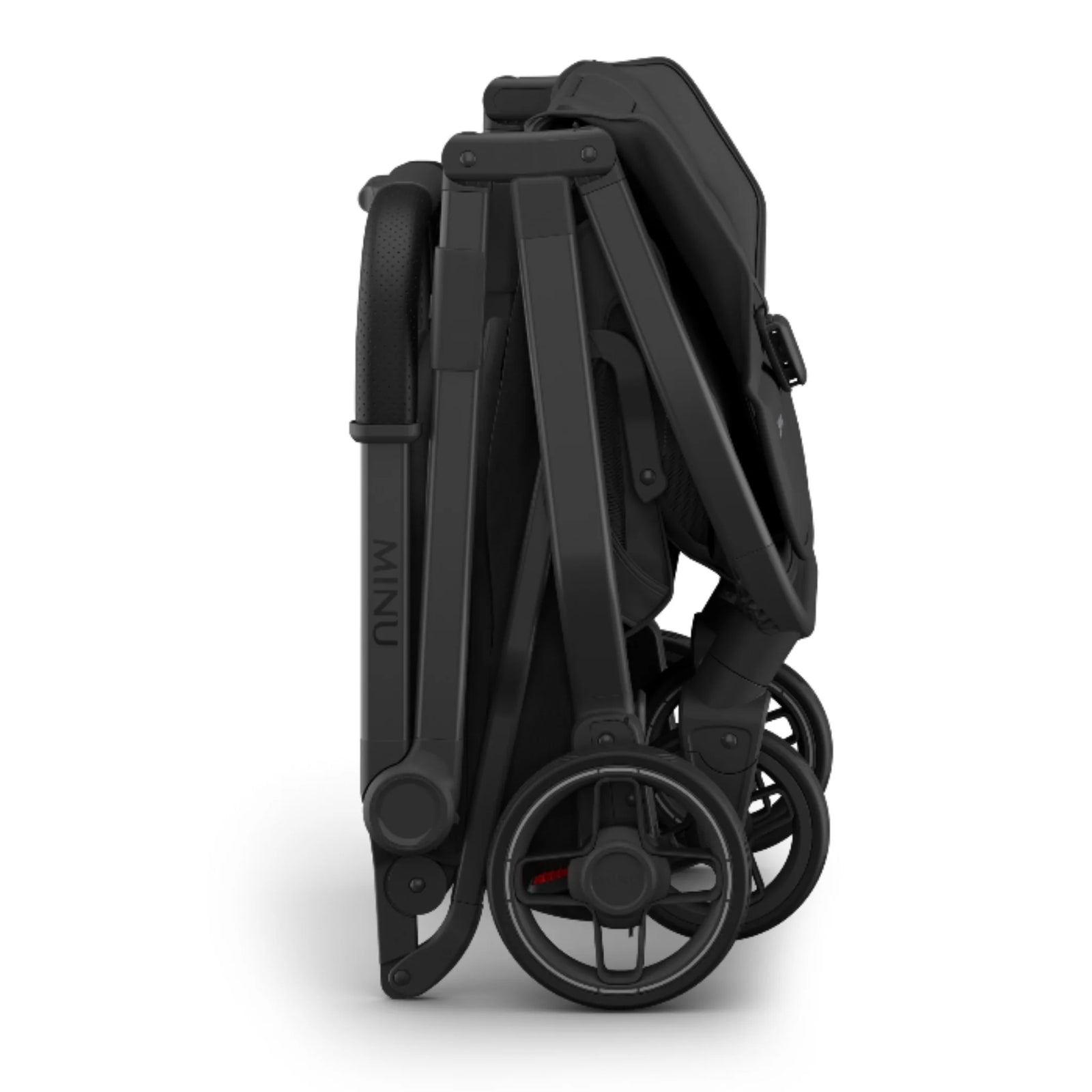 “UPPAbaby MINU V3 stroller folded in Jake black, compact lightweight travel stroller on white background”