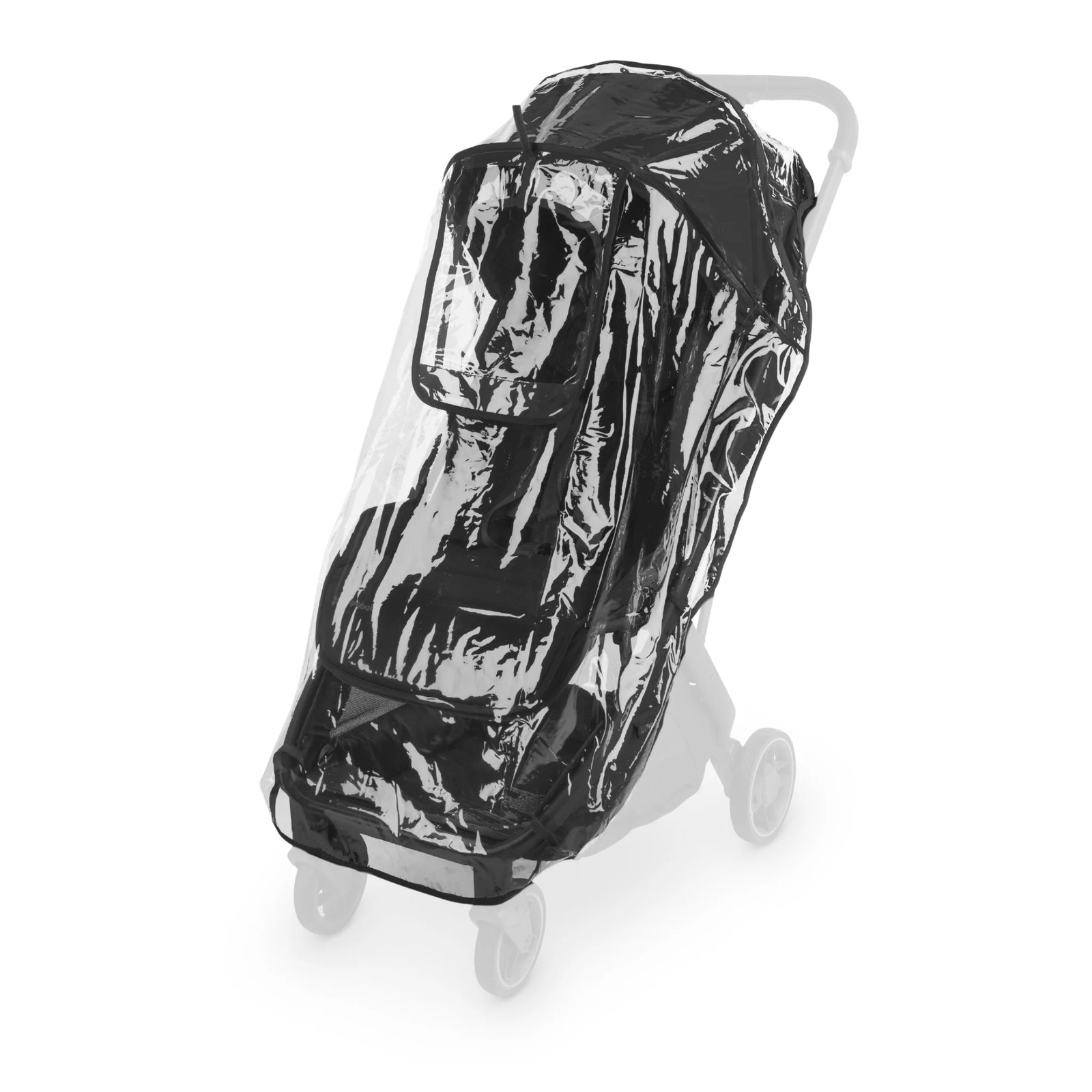 UPPAbaby Minu V3 rain shield stroller cover with transparent waterproof material on a white background