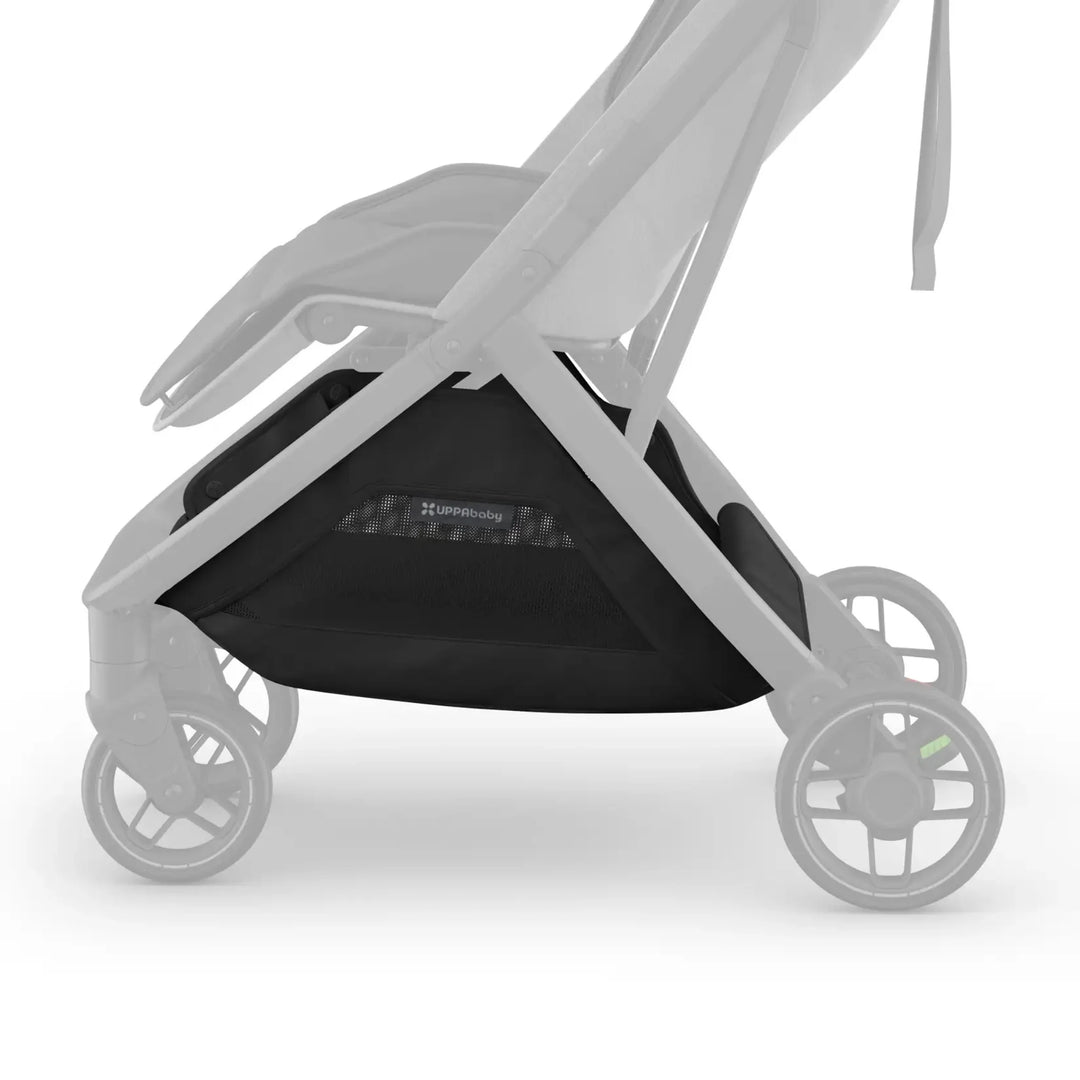UPPAbaby Minu V3 replacement basket fabric fitted beneath the stroller frame, shown in black on a white background.