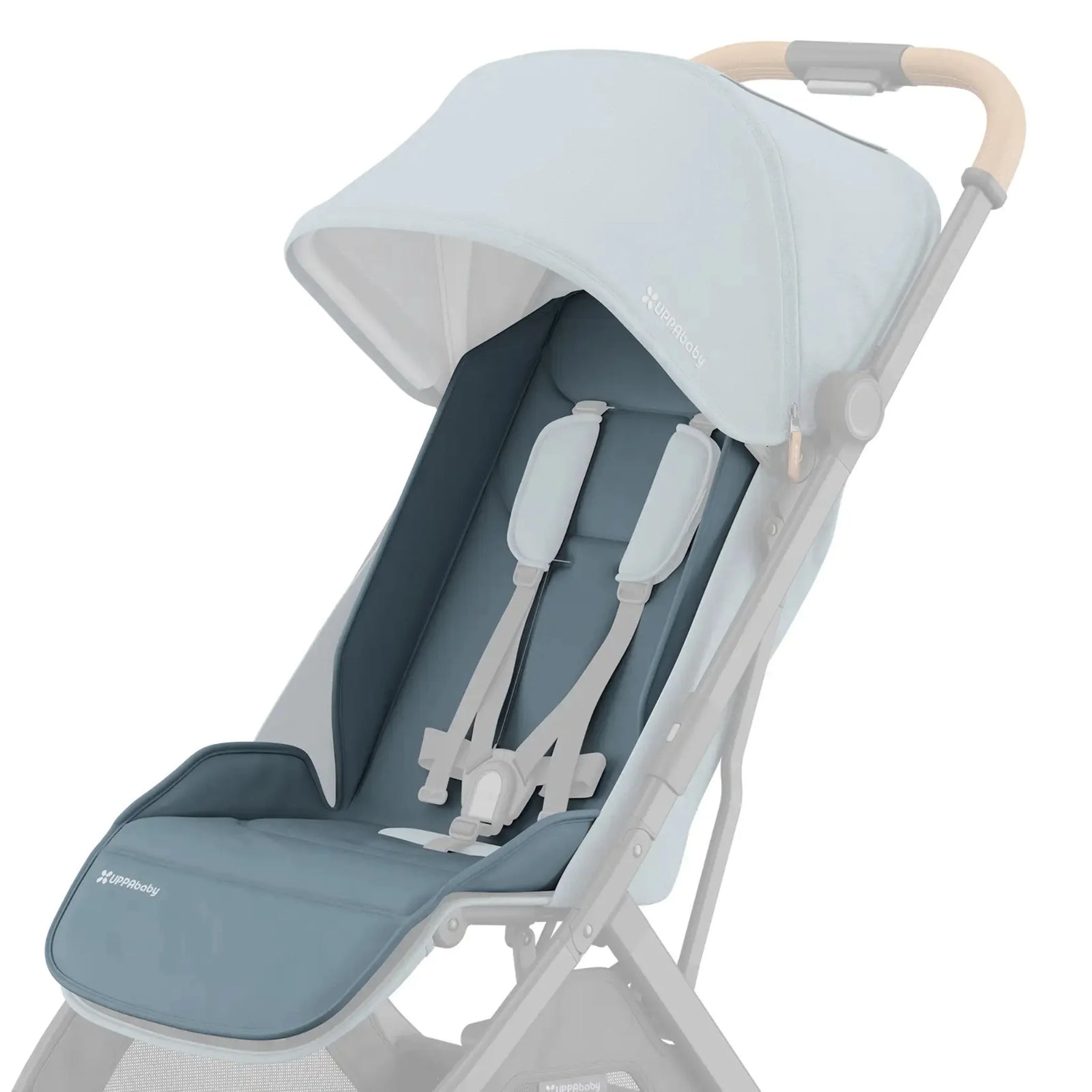 UPPAbaby Minu V3 stroller with Dillan blue seat liner, white canopy, and padded harness on a white background