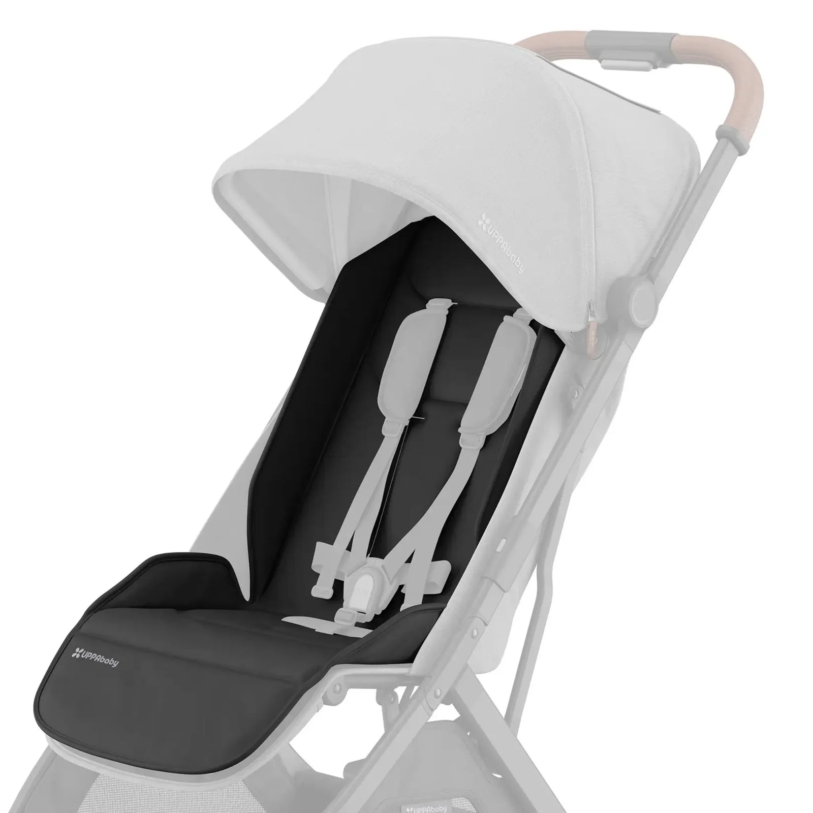 UPPAbaby Minu V3 stroller with Greyson black seat liner, white canopy, and padded harness on a white background