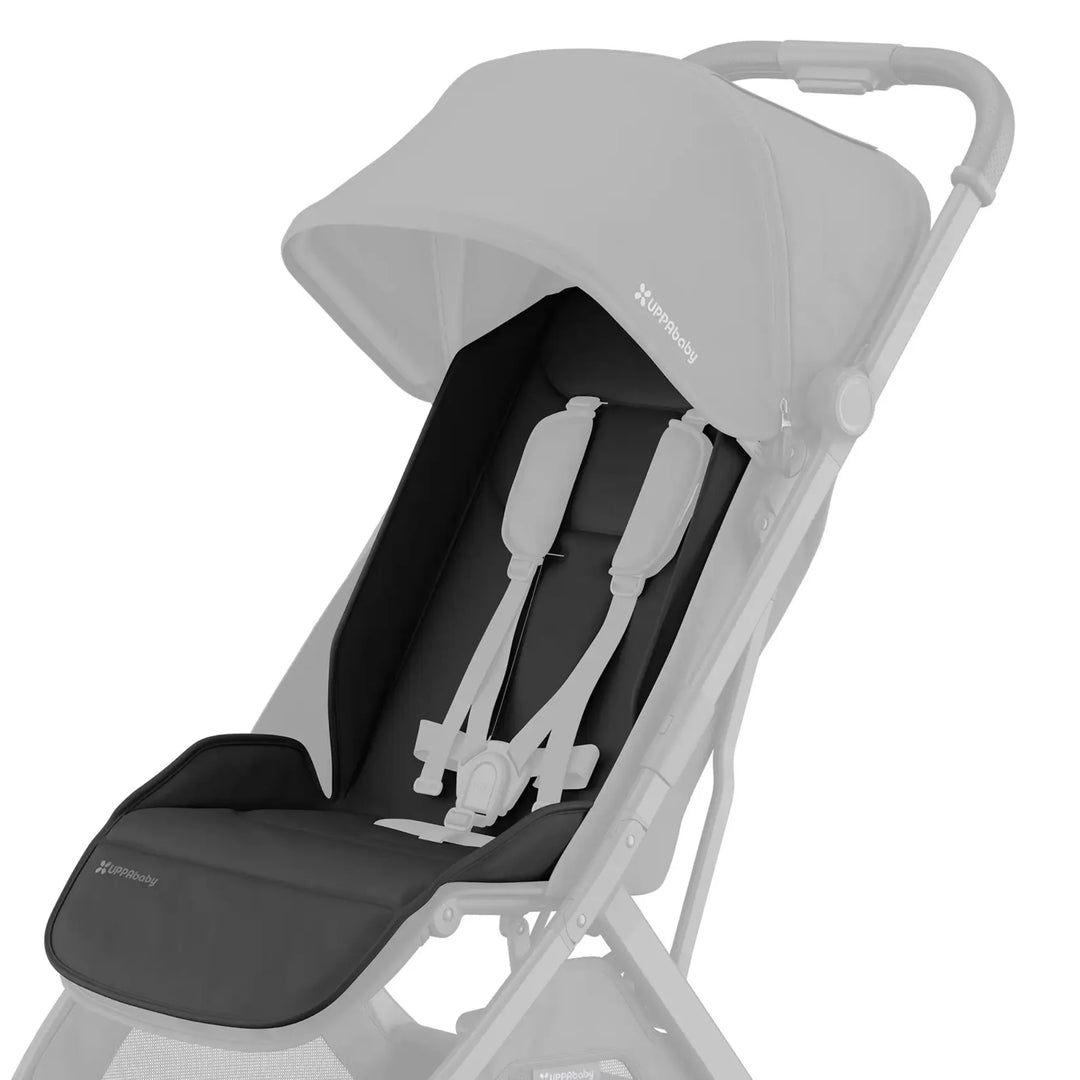 UPPAbaby Minu V3 stroller with Jake black seat liner, white canopy, and padded harness on a white background
