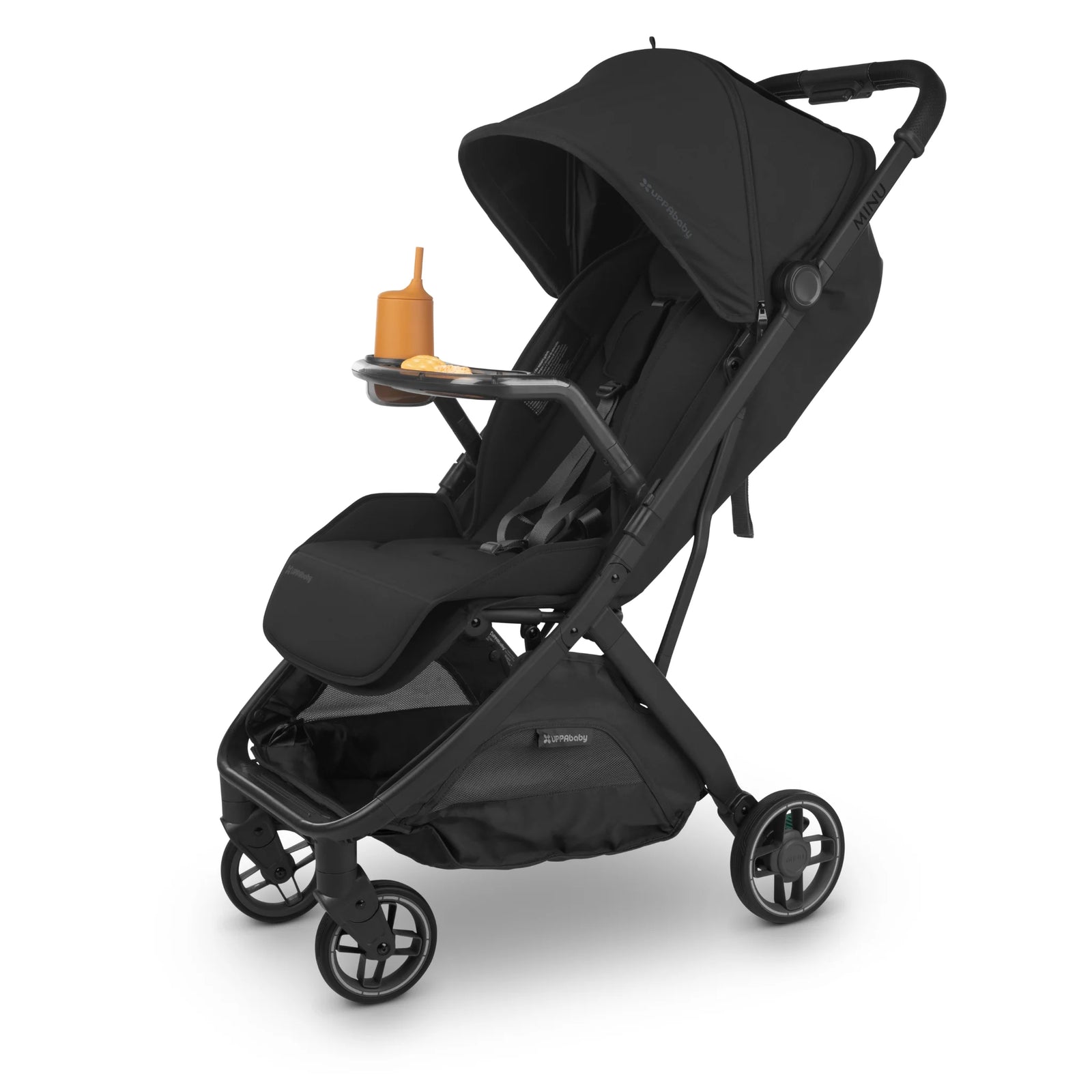 UPPAbaby Minu V3 stroller with snack tray accessory attached, angled view on white background