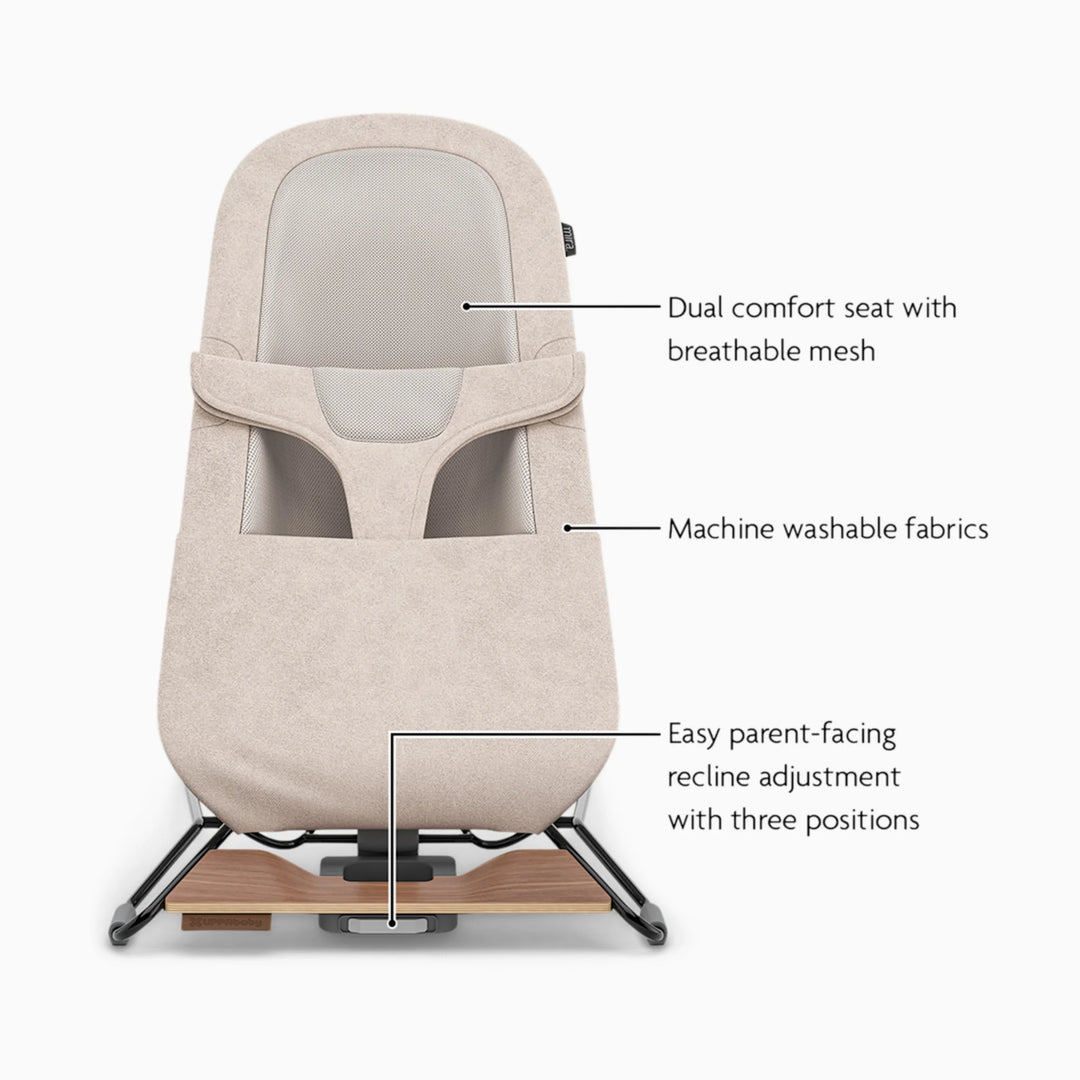 UPPAbaby beige bouncer feature callout with dual seat and breathable mesh and machine washable fabrics with easy recline adjustments.