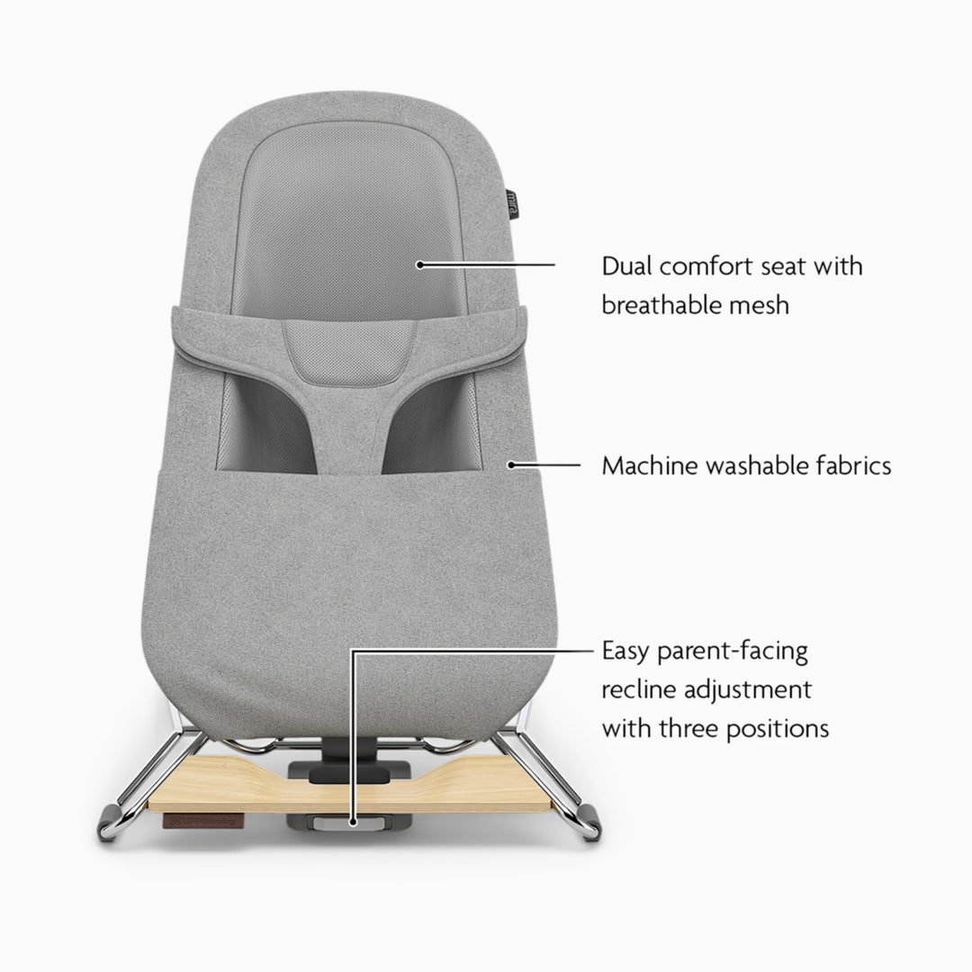 UPPAbaby light grey bouncer feature callout with dual seat and breathable mesh and machine washable fabrics with easy recline adjustments.