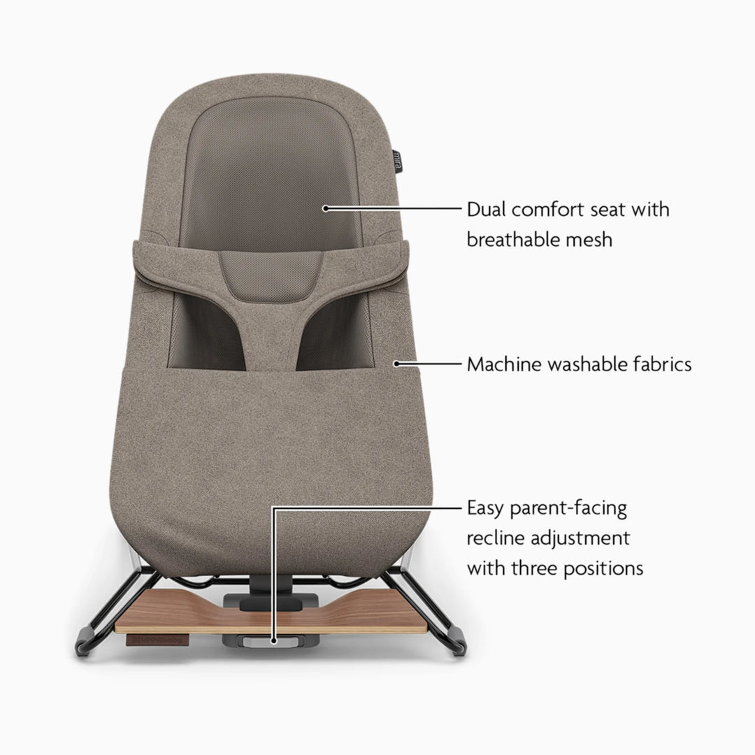 UPPAbaby taupe bouncer feature callout with dual seat and breathable mesh and machine washable fabrics with easy recline adjustments.