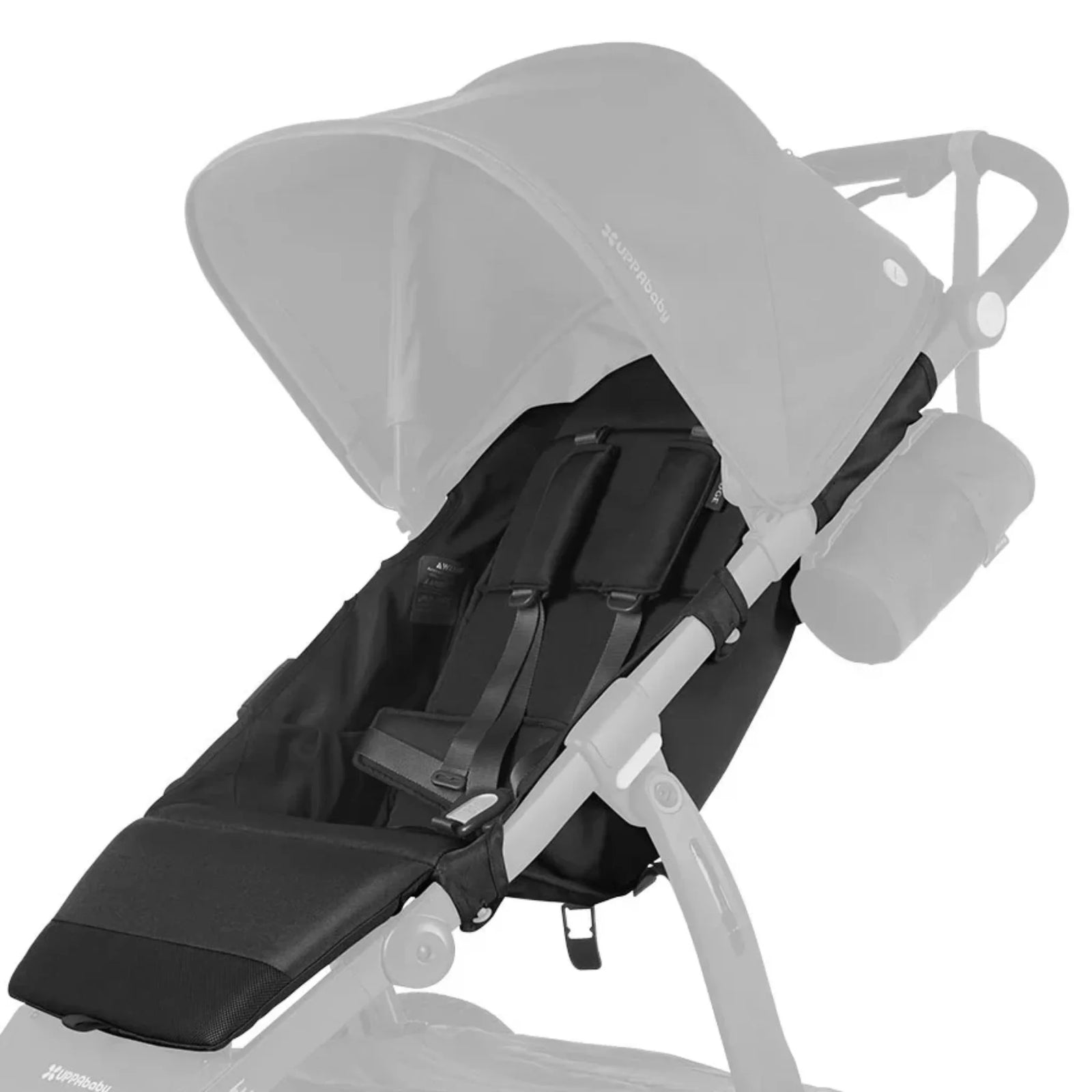 UPPAbaby Ridge replacement seat fabric in Jake (black) attached to stroller frame on white background