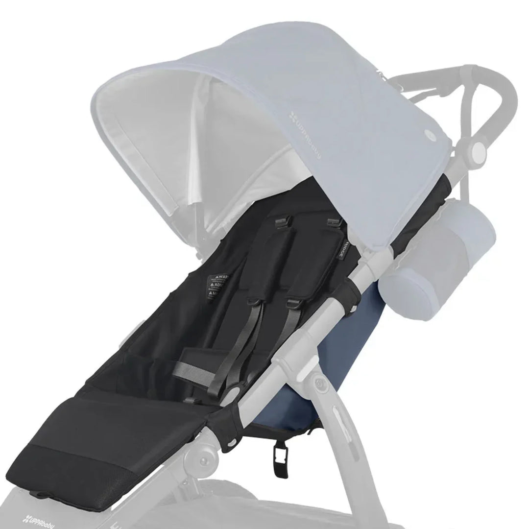 UPPAbaby Ridge replacement seat fabric in Reggie (black) attached to stroller frame on white background