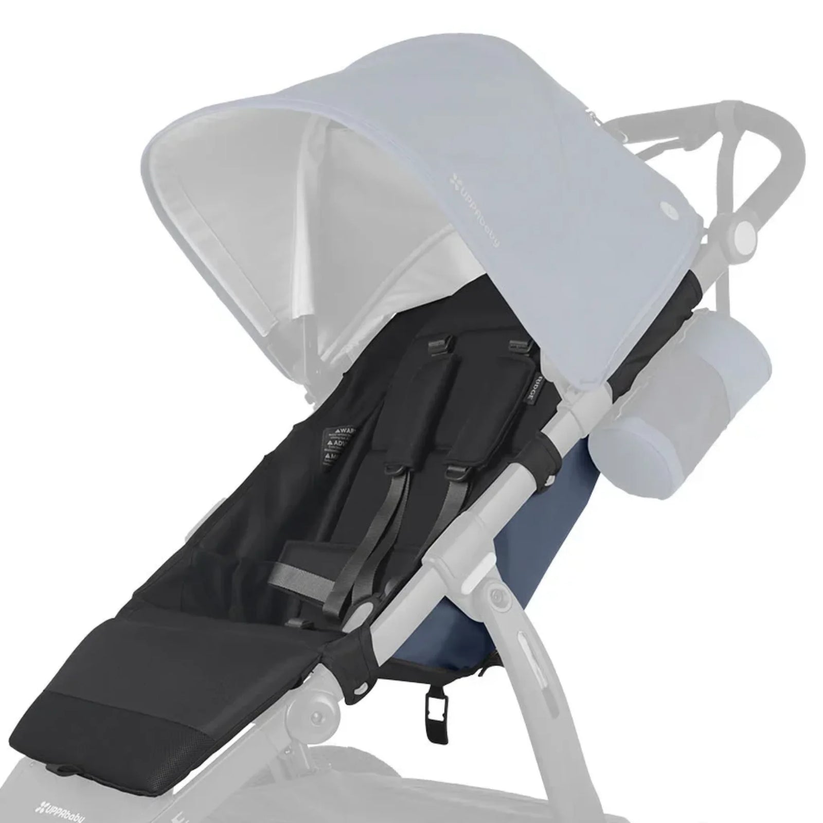 UPPAbaby Ridge replacement seat fabric in Reggie (black) attached to stroller frame on white background