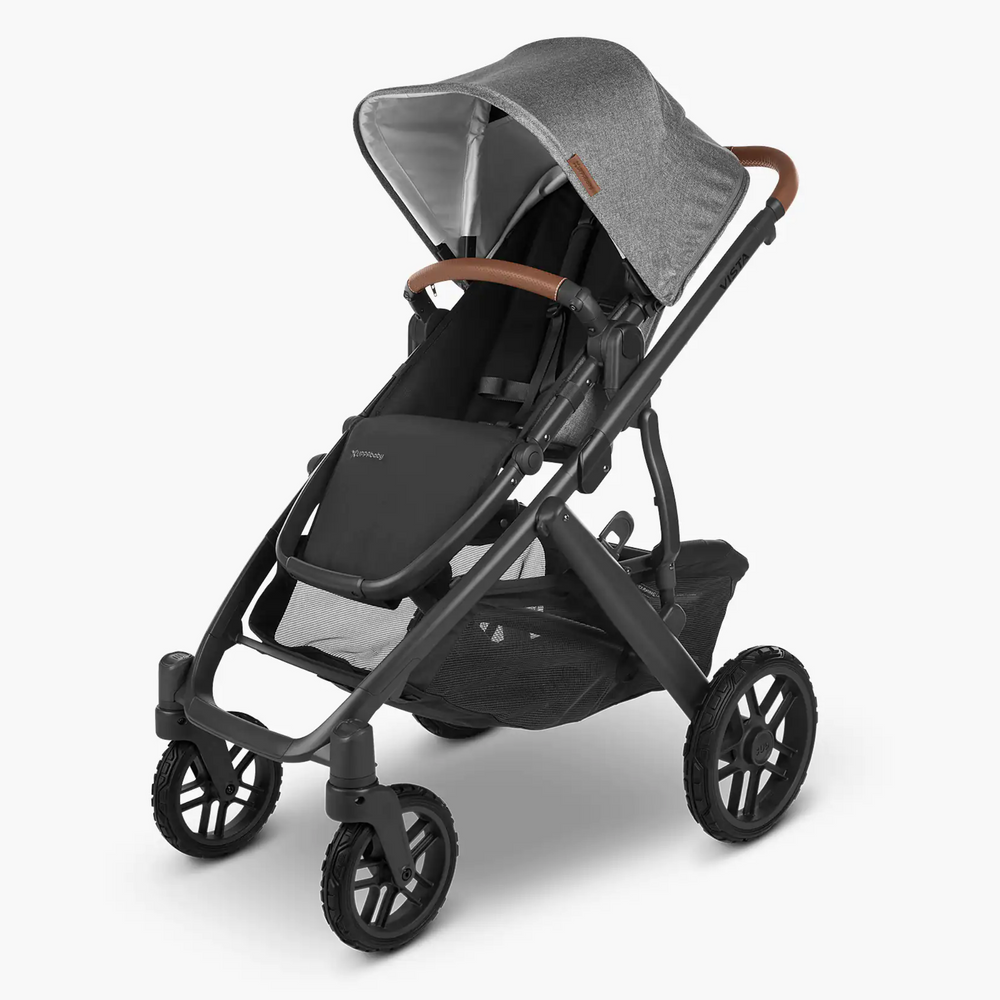 This is a shot of the Vista V2 stroller with all four All-Terrain Wheels on the stroller.