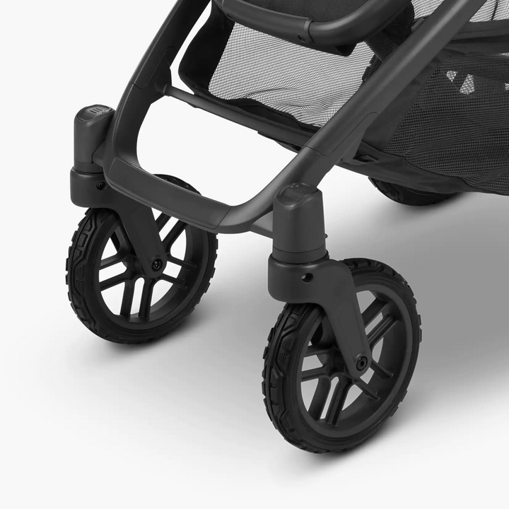 This image shows the All-Terrain Front Wheels on the UPPAbaby Vista V2 stroller frame.