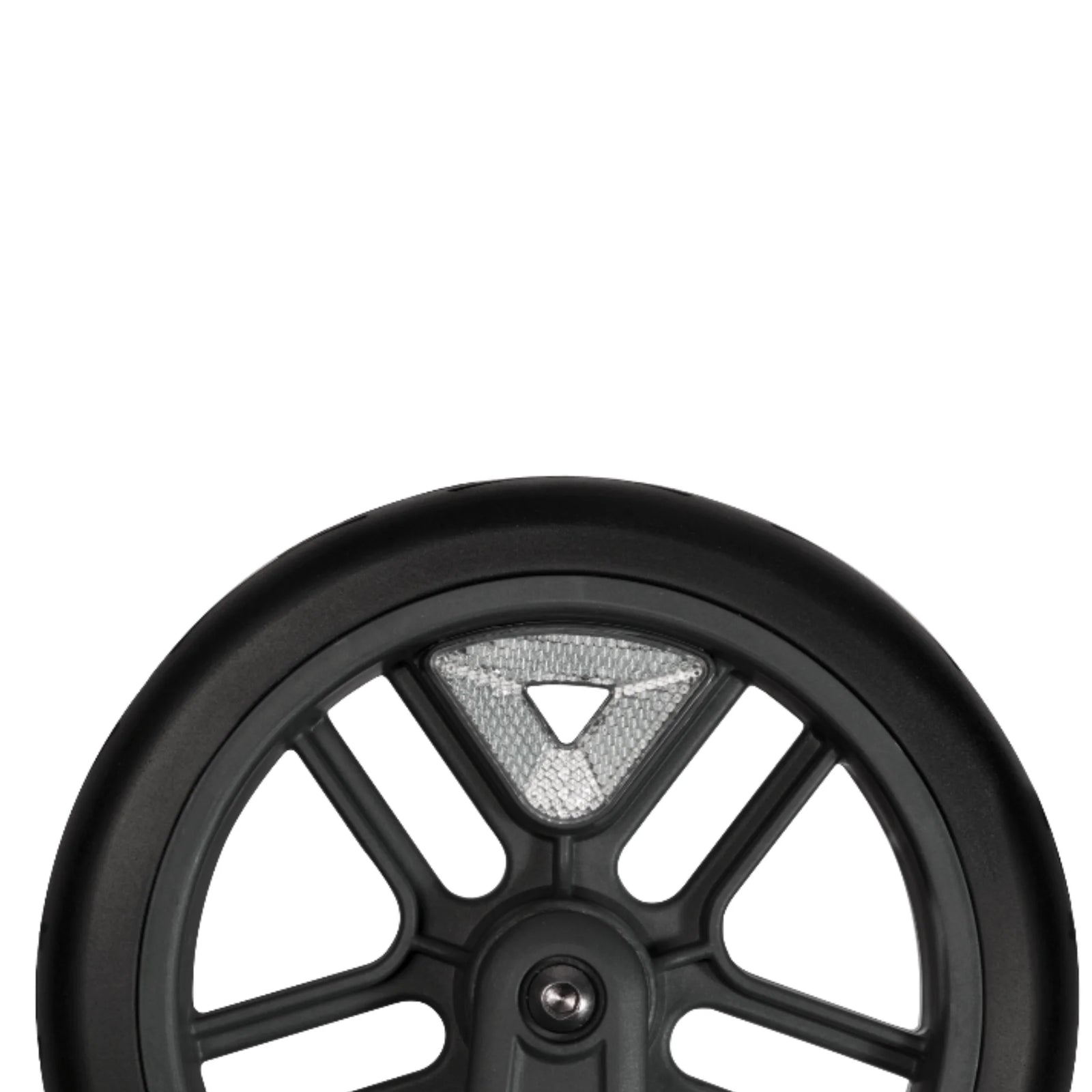 “UPPAbaby Vista snap-on wheel reflector installed on stroller wheel for improved visibility and safety.”