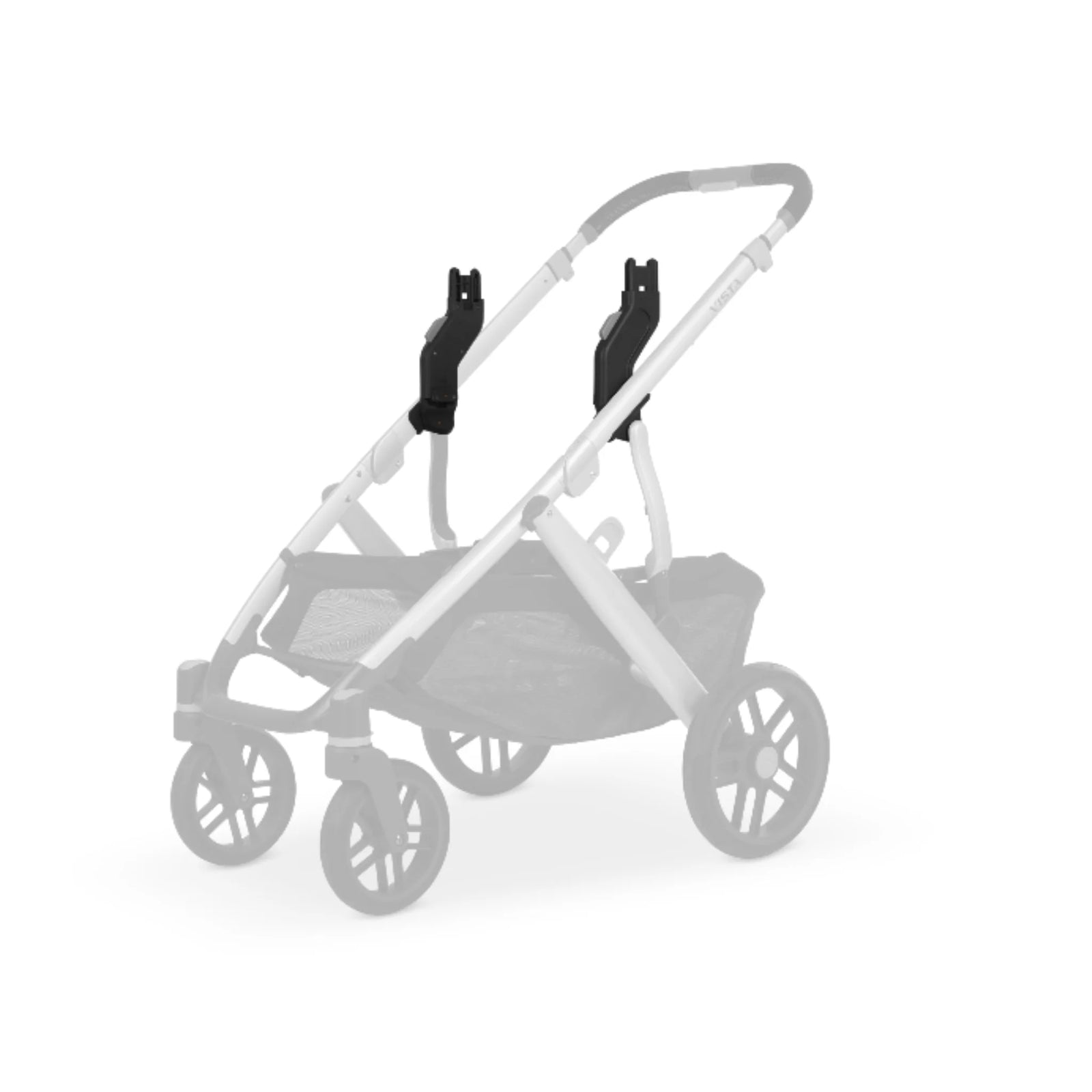 UPPAbaby Vista stroller frame with upper adapters installed for second seat or bassinet configuration