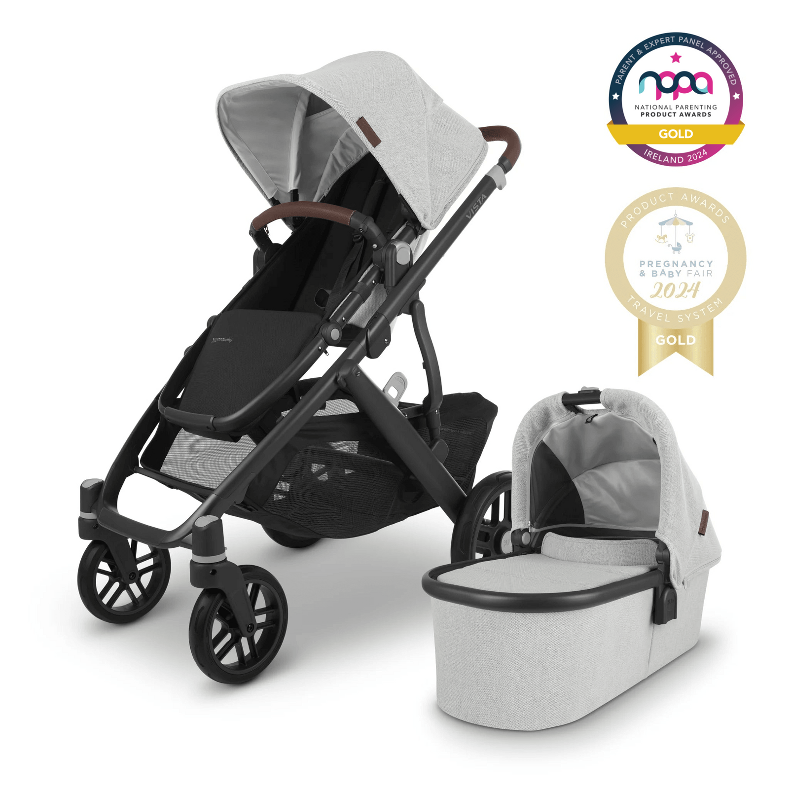 UPPAbaby Vista V2 Anthony travel system with carrycot and toddler seat in light grey fabric, featuring brown leather details and sleek black frame. Award-winning pushchair — winner of NPPA Gold 2024 and Pregnancy & Baby Fair Gold Award 2024 for best travel system in Ireland.