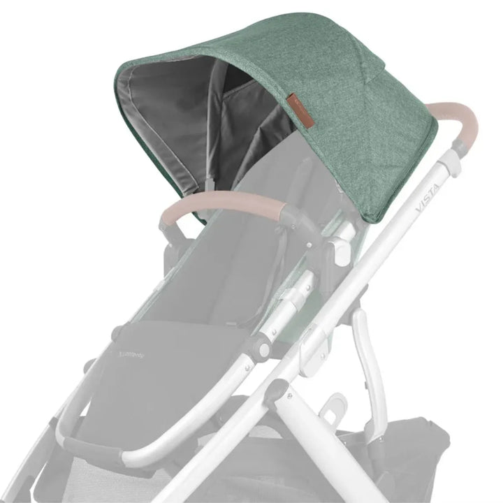 UPPAbaby Vista V2 replacement canopy fabric in Emmett (heathered green) attached to stroller frame on white background