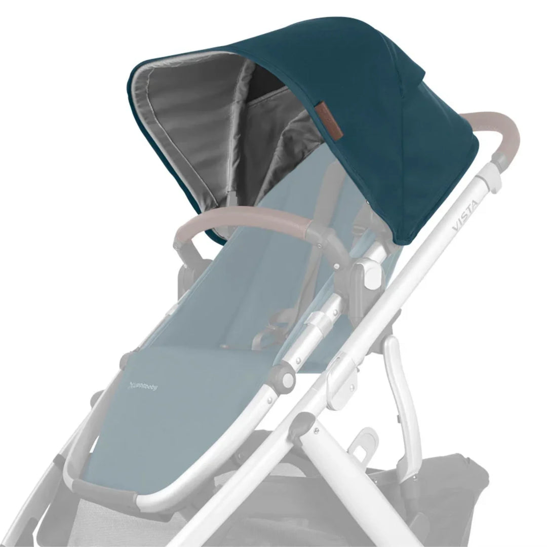 UPPAbaby Vista V2 replacement canopy fabric in Finn (teal) attached to stroller frame on white background
