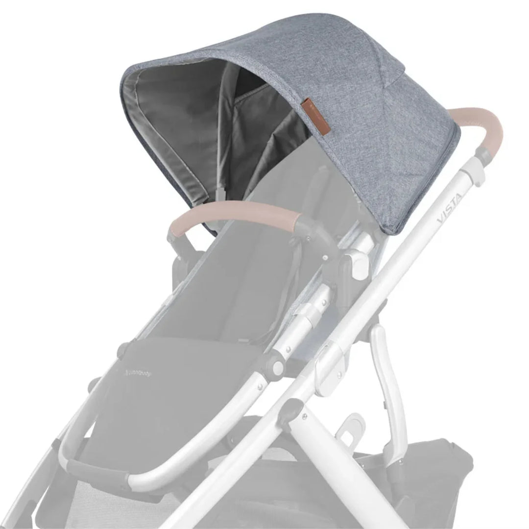 UPPAbaby Vista V2 replacement canopy fabric in Gregory (light grey marl) attached to stroller frame on white background