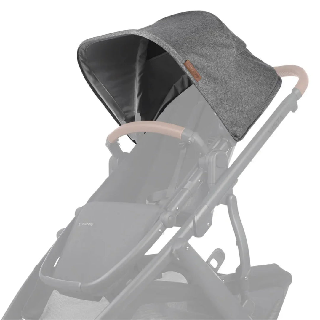 UPPAbaby Vista V2 replacement canopy fabric in Greyson (charcoal grey) attached to stroller frame on white background