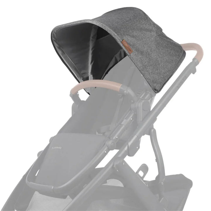 UPPAbaby Vista V2 replacement canopy fabric in Greyson (charcoal grey) attached to stroller frame on white background