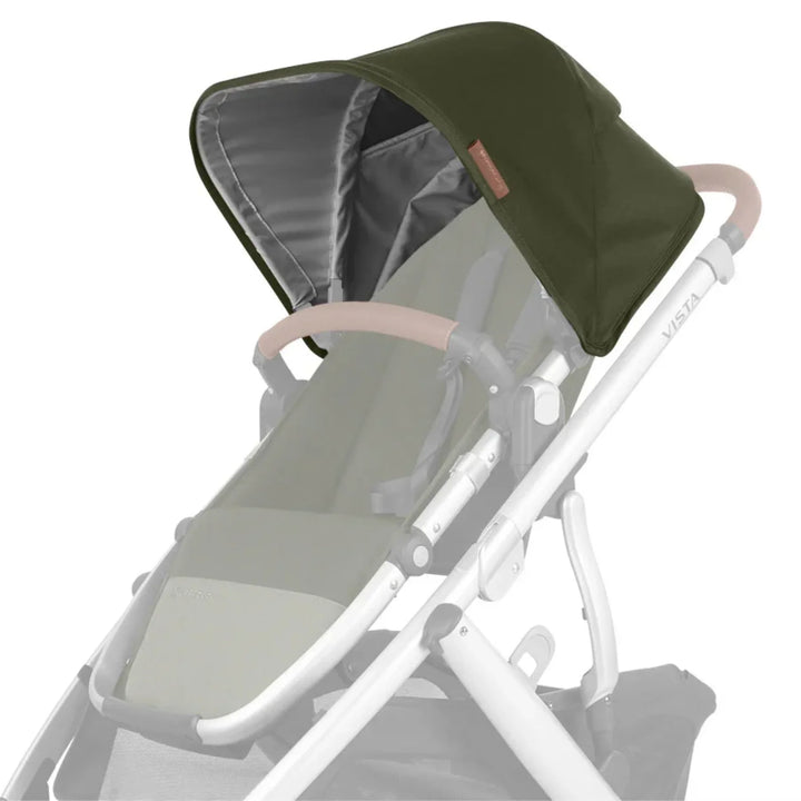 UPPAbaby Vista V2 replacement canopy fabric in Hazel (olive green) attached to stroller frame on white background