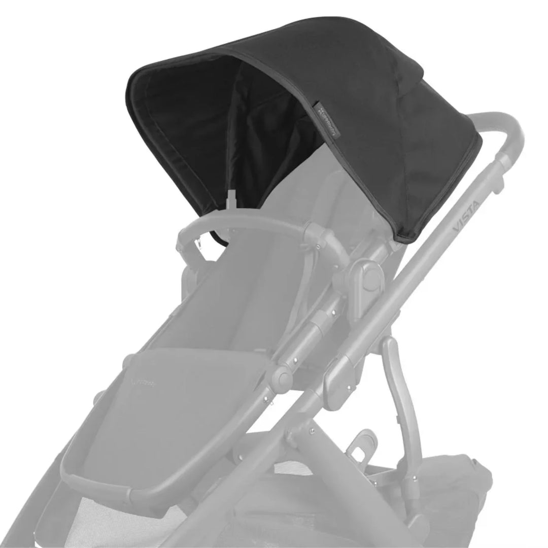 UPPAbaby Vista V2 replacement canopy fabric in Jake (black) attached to stroller frame on white background