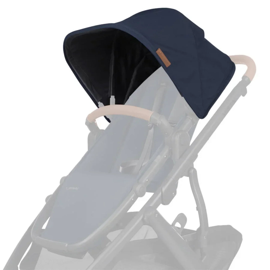 UPPAbaby Vista V2 replacement canopy fabric in Noa (navy) attached to stroller frame on white background