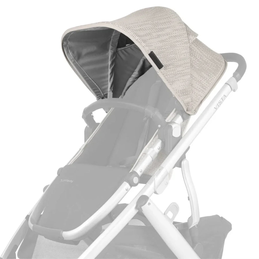 UPPAbaby Vista V2 replacement canopy fabric in Sierra (light beige) attached to stroller frame on white background