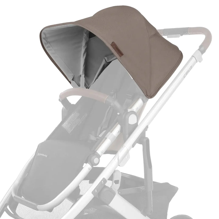 UPPAbaby Vista V2 replacement canopy fabric in Theo (warm taupe) attached to stroller frame on white background