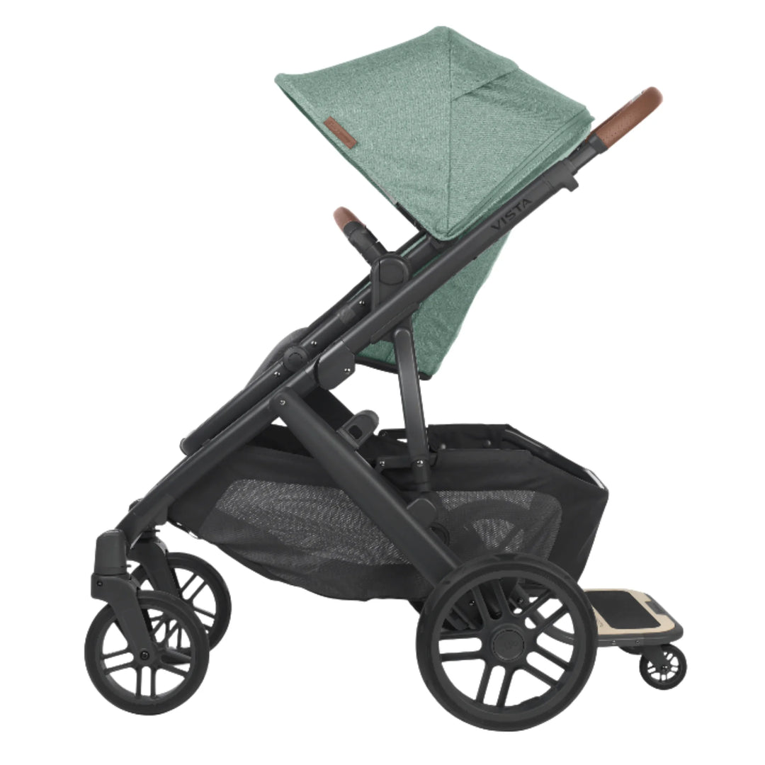 “UPPAbaby Vista V2 stroller with PiggyBack ride-along board attached, Gwen green pushchair accessory”
