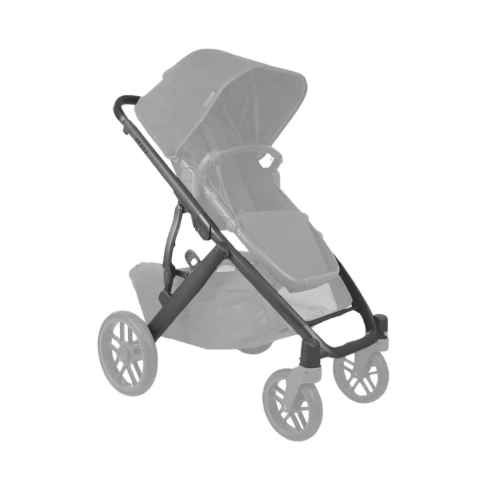 UPPAbaby Vista V2 replacement base frame in carbon black with black leather handle, shown assembled with stroller seat and wheels, premium modular baby pushchair frame.