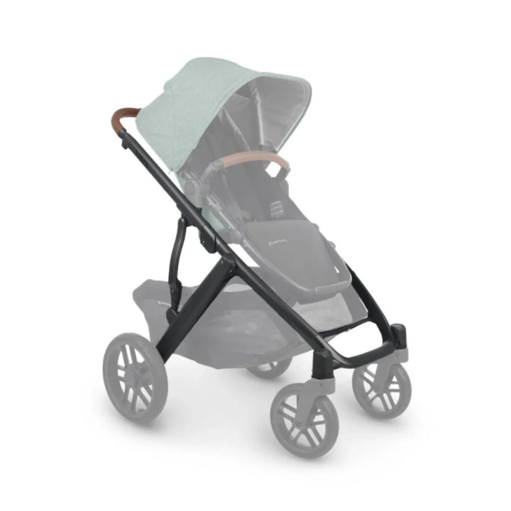 UPPAbaby Vista V2 replacement base frame in carbon with saddle leather handle, shown assembled with stroller seat and wheels, premium modular baby pushchair frame