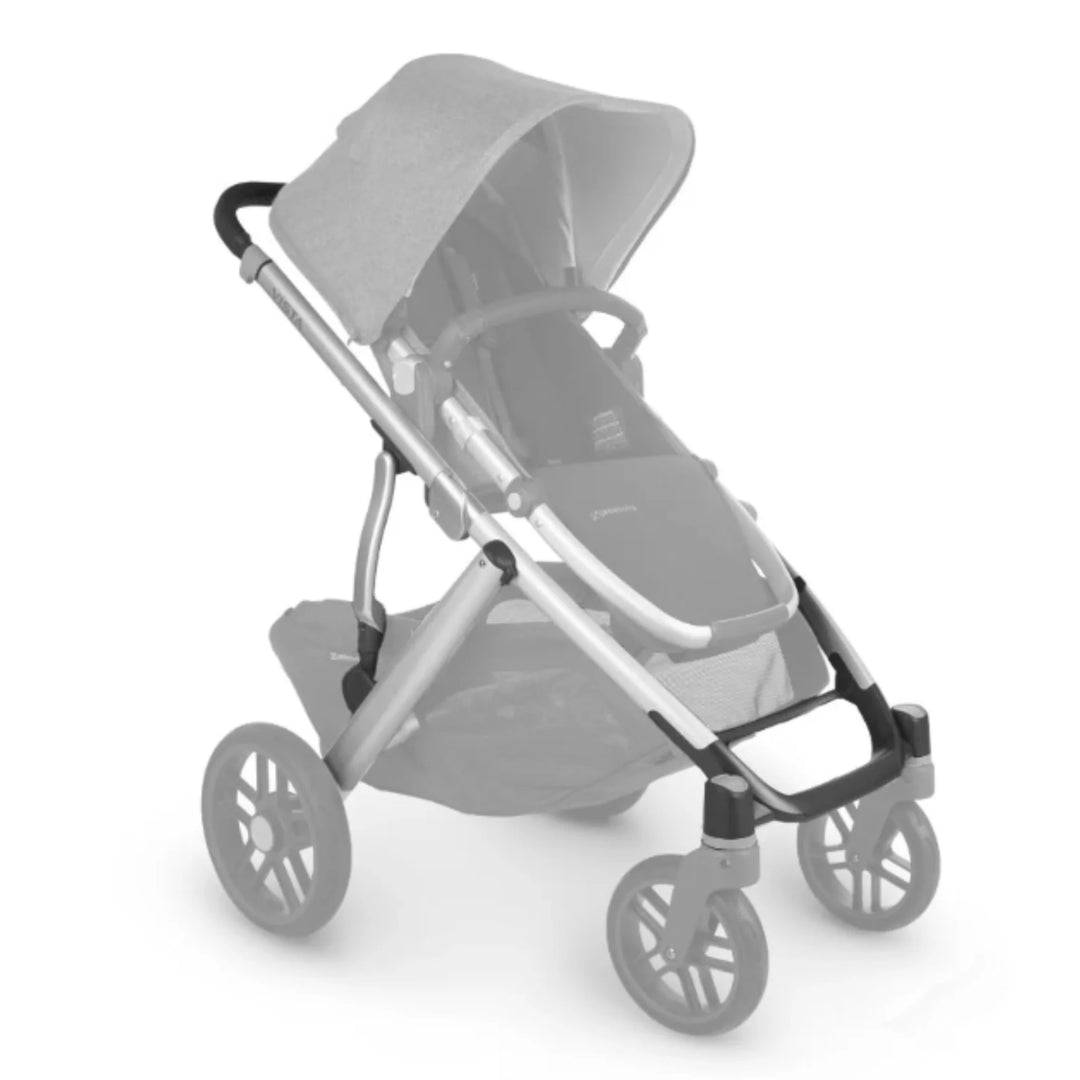 UPPAbaby Vista V2 replacement base frame in silver with black leather handle, shown assembled with stroller seat and wheels, premium modular baby pushchair frame.