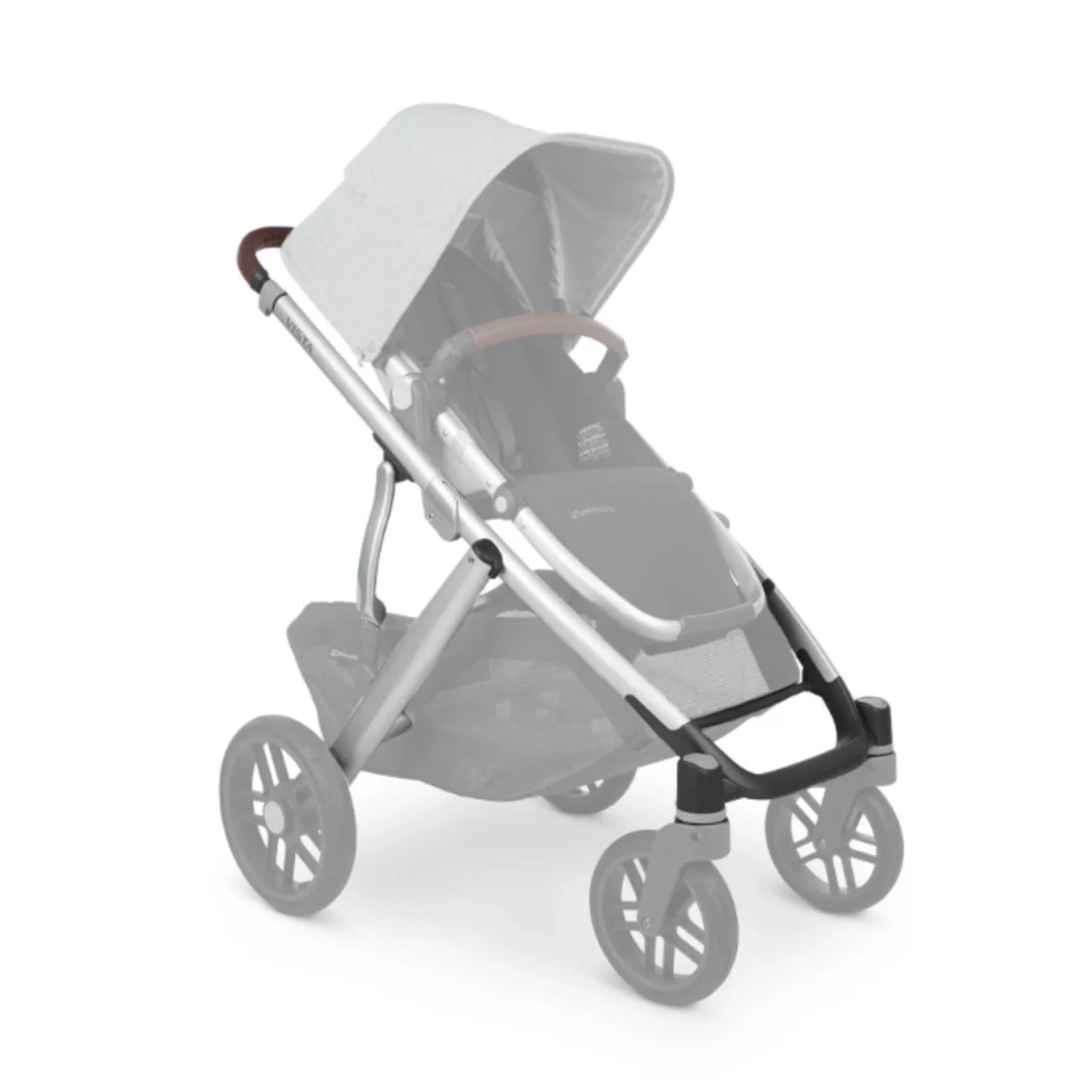 UPPAbaby Vista V2 replacement base frame in silver with chestnut leather handle, shown assembled with stroller seat and wheels, modern premium baby pushchair frame.