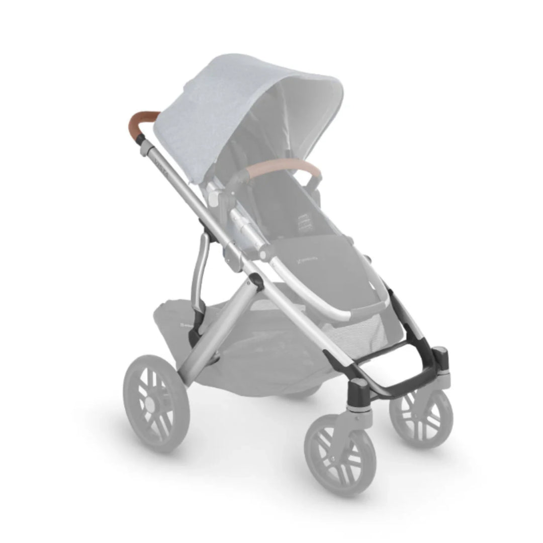 UPPAbaby Vista V2 replacement base frame in silver with saddle leather handle, shown assembled with stroller seat and wheels, premium modular baby pushchair frame.