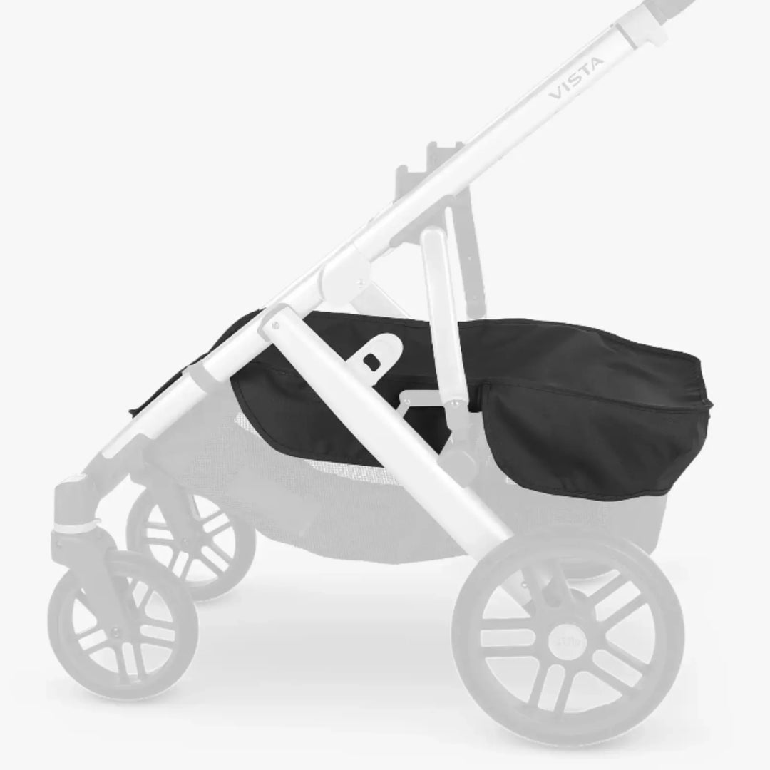 UPPAbaby Vista V2 and Vista V3 basket cover installed on stroller under-seat storage basket (side view)