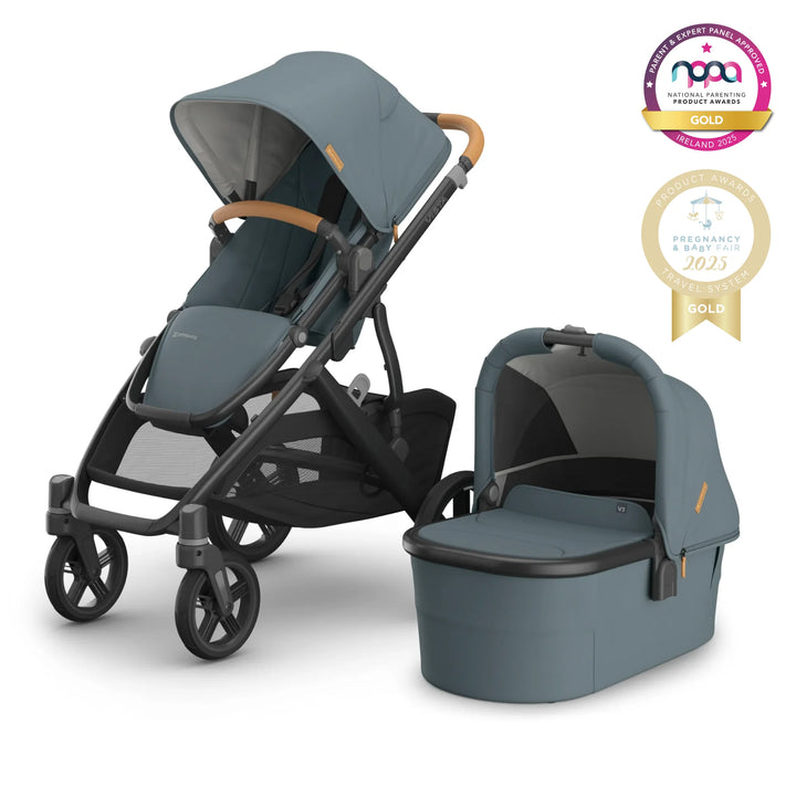 UPPAbaby Cruz V2 Stroller and Carrycot Bundle in Blue – award-winning travel system with reversible toddler seat, newborn bassinet, all-wheel suspension, large storage basket, leather handlebar, Gold winner at National Parenting Product Awards 2025 Ireland and Pregnancy & Baby Fair Awards