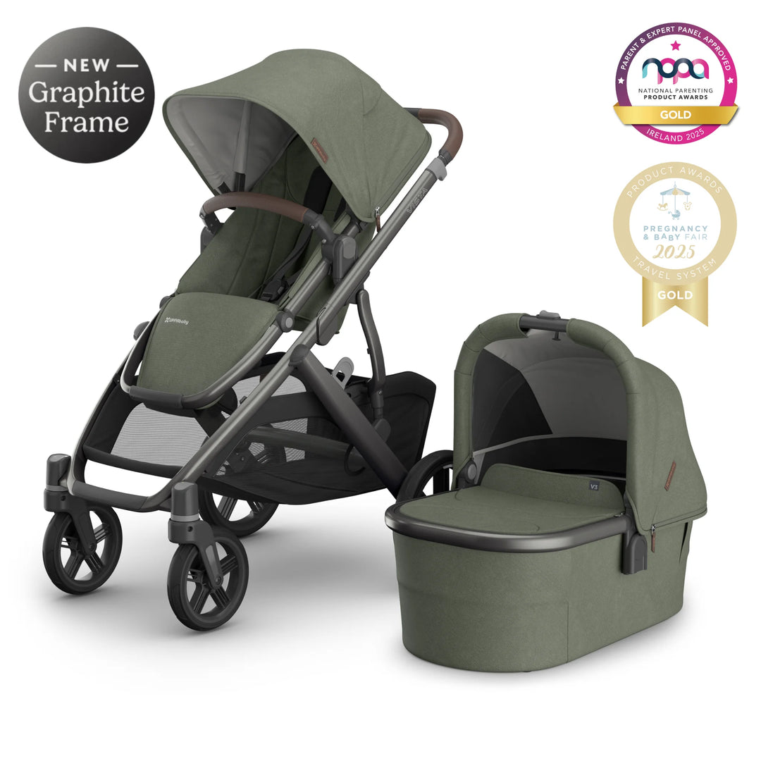 UPPAbaby Cruz V2 Stroller and Carrycot Bundle in Green with New Graphite Frame – premium award-winning travel system with reversible toddler seat, newborn bassinet, all-wheel suspension, extra-large storage basket, leather handlebar, Gold winner at National Parenting Product Awards 2025 and Pregnancy & Baby Fair Awards