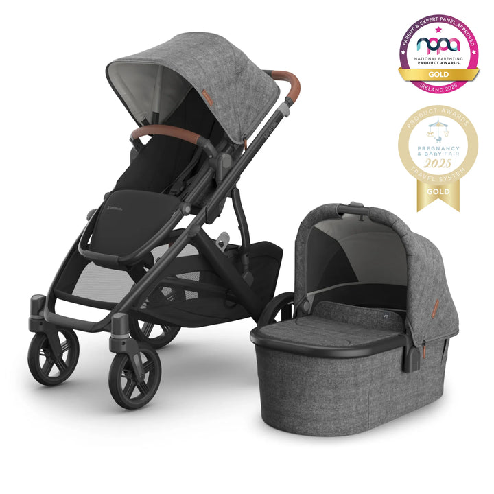 UPPAbaby Vista V2 stroller and carrycot in grey melange fabric with graphite frame and leather handle – award-winning luxury travel system with reversible toddler seat, full-size bassinet, large underseat basket, and all-terrain wheels, winner of NPPA Gold 2025 and Pregnancy & Baby Fair Gold