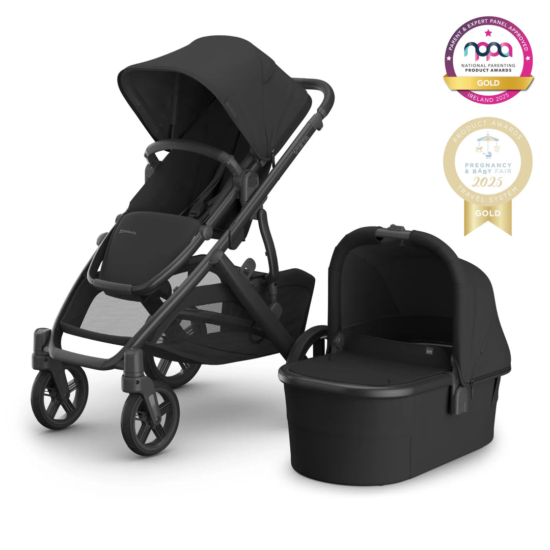 UPPAbaby Vista V2 stroller and bassinet in Jake Black, award-winning gold travel system for newborns and toddlers, stylish all-terrain pram with large storage basket – National Parenting Product Awards Gold Winner 2025.
