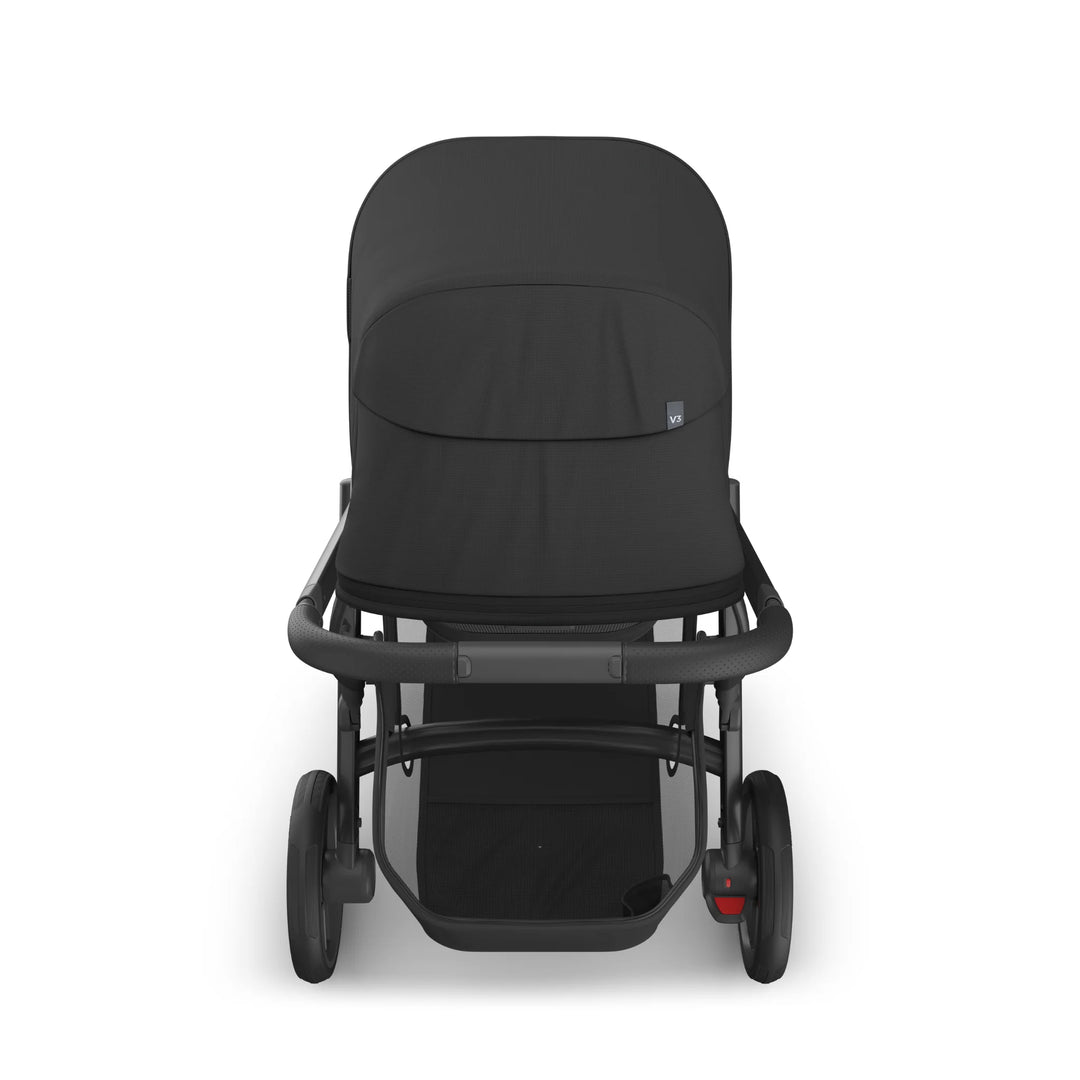 UPPAbaby Vista V3 Jake stroller rear view in black, showing extended sun canopy, large storage basket, all-terrain wheels, and sleek black frame on a white background.
