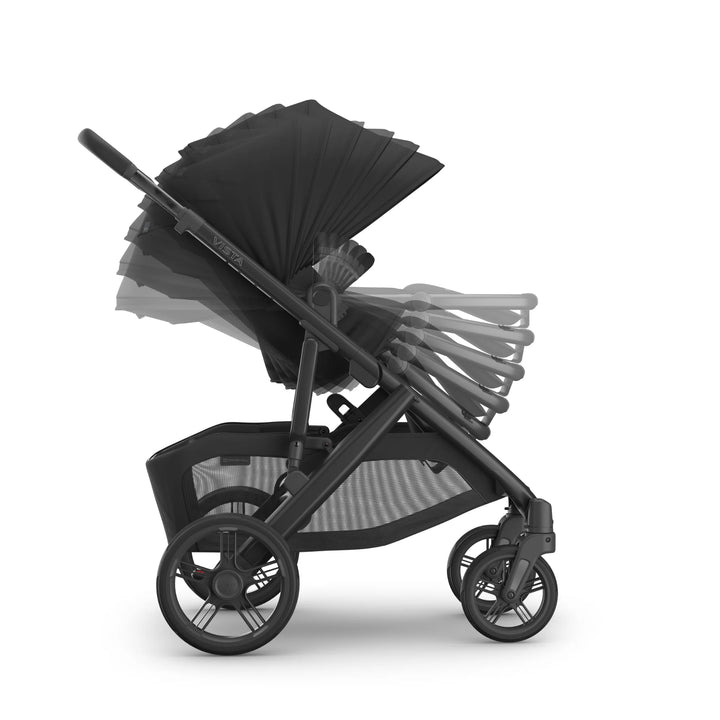 UPPAbaby Vista V3 Jake stroller in black showing multi-position reclining seat and adjustable canopy, demonstrated with layered motion positions on a white background.