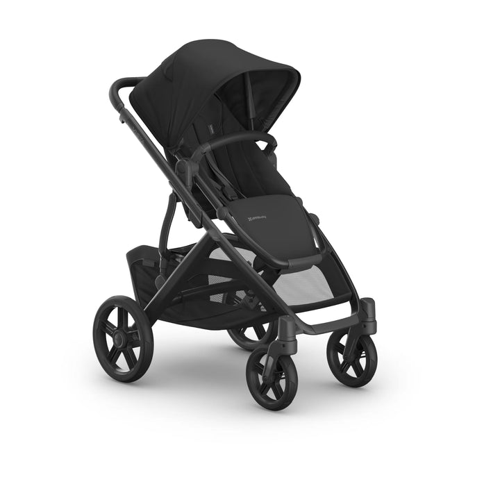 UPPAbaby Vista V3 Jake stroller in black, shown forward-facing with adjustable canopy, multi-position reclining toddler seat, large under-seat storage basket, and durable all-terrain wheels.