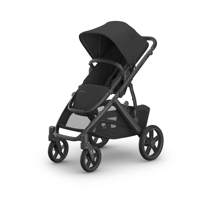 UPPAbaby Vista V3 Jake stroller in all-black design with forward-facing toddler seat, adjustable canopy, large all-terrain wheels, and oversized storage basket displayed on a white background.