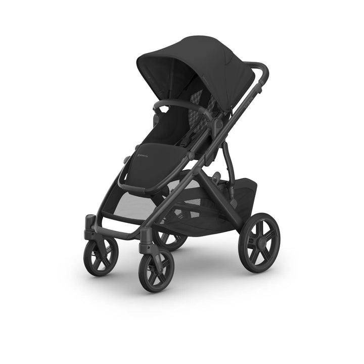 UPPAbaby Vista V3 Jake stroller in black, featuring forward-facing toddler seat, extended canopy, large all-terrain wheels and spacious under-seat storage basket on a white background.