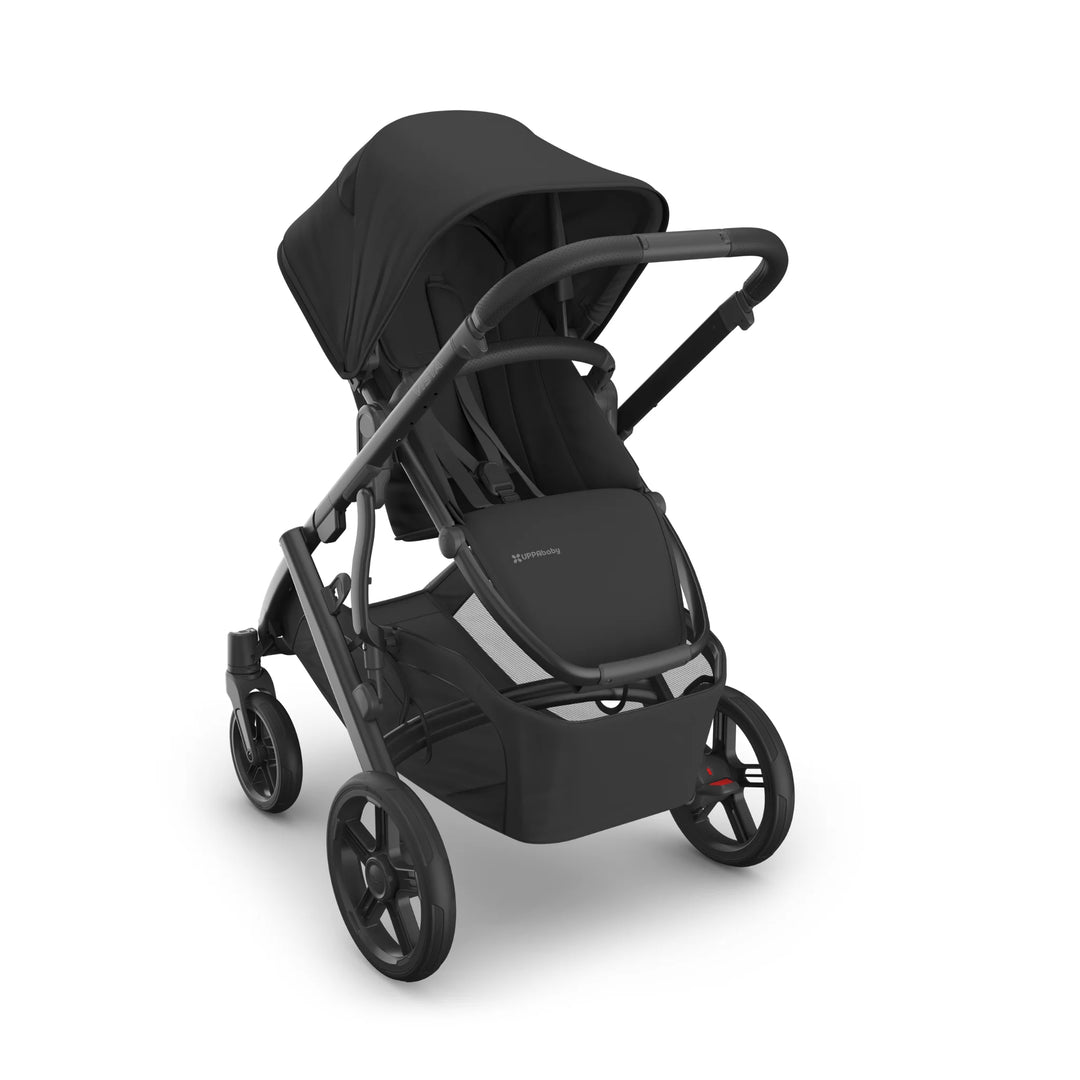 UPPAbaby Vista V3 Jake stroller in sleek black, shown angled forward with reversible toddler seat, extendable canopy, adjustable handlebar, large storage basket, and all-terrain wheels.