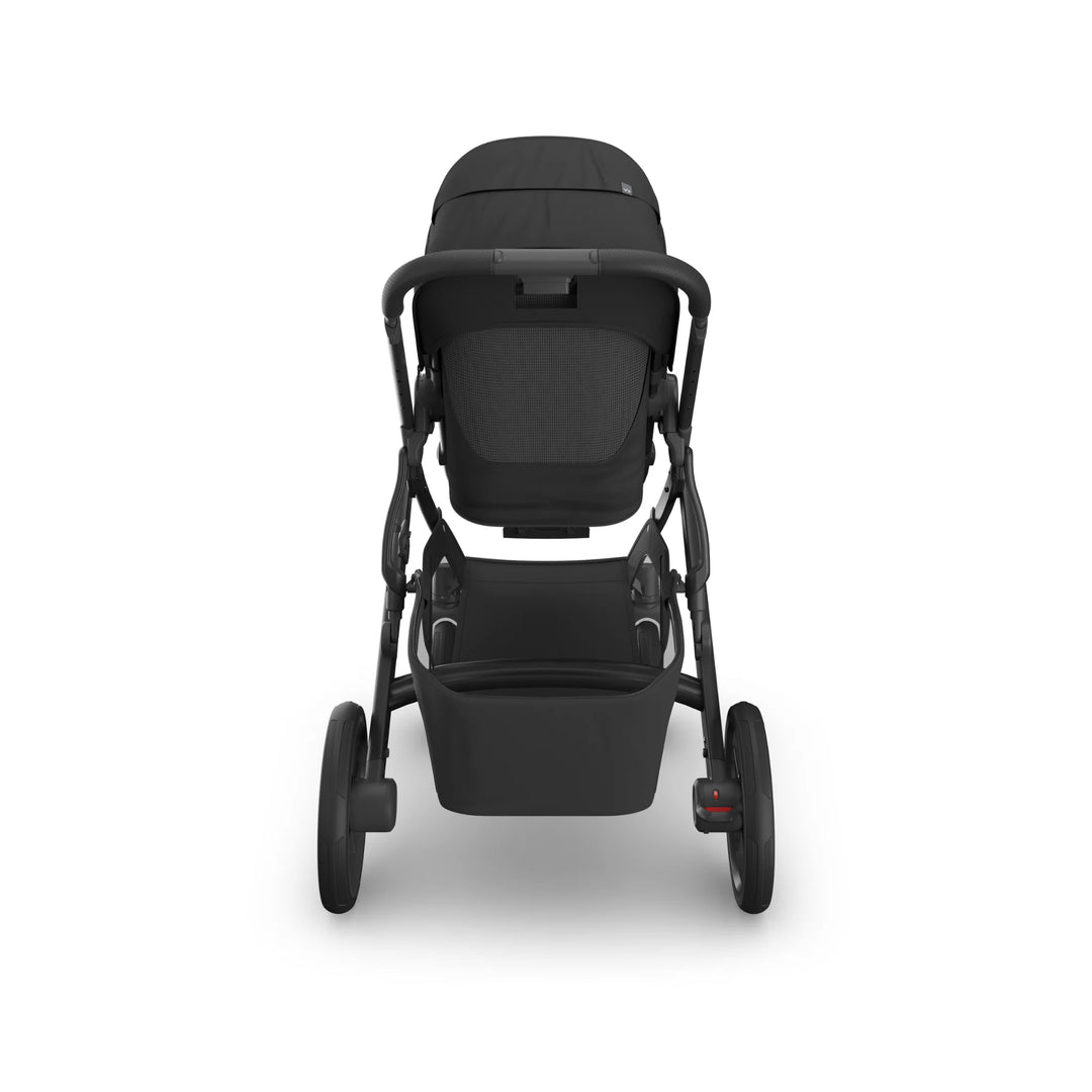 UPPAbaby Vista V3 Jake stroller in black shown from the rear, featuring ventilated seat back, adjustable handlebar, all-terrain wheels, and extra-large storage basket.