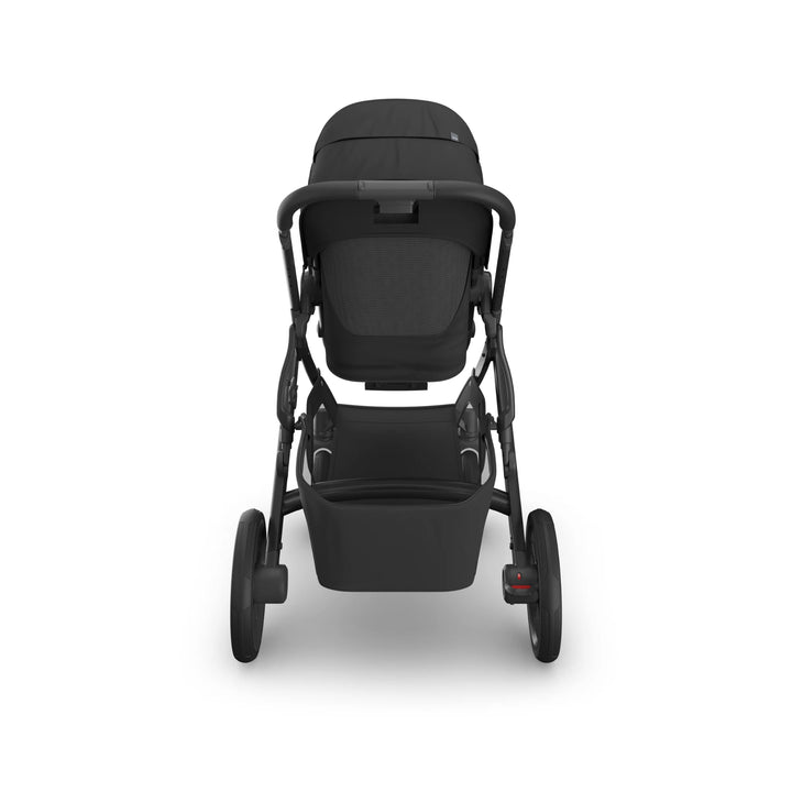 UPPAbaby Vista V3 Jake stroller in black shown from the rear, featuring ventilated seat back, adjustable handlebar, all-terrain wheels, and extra-large storage basket.
